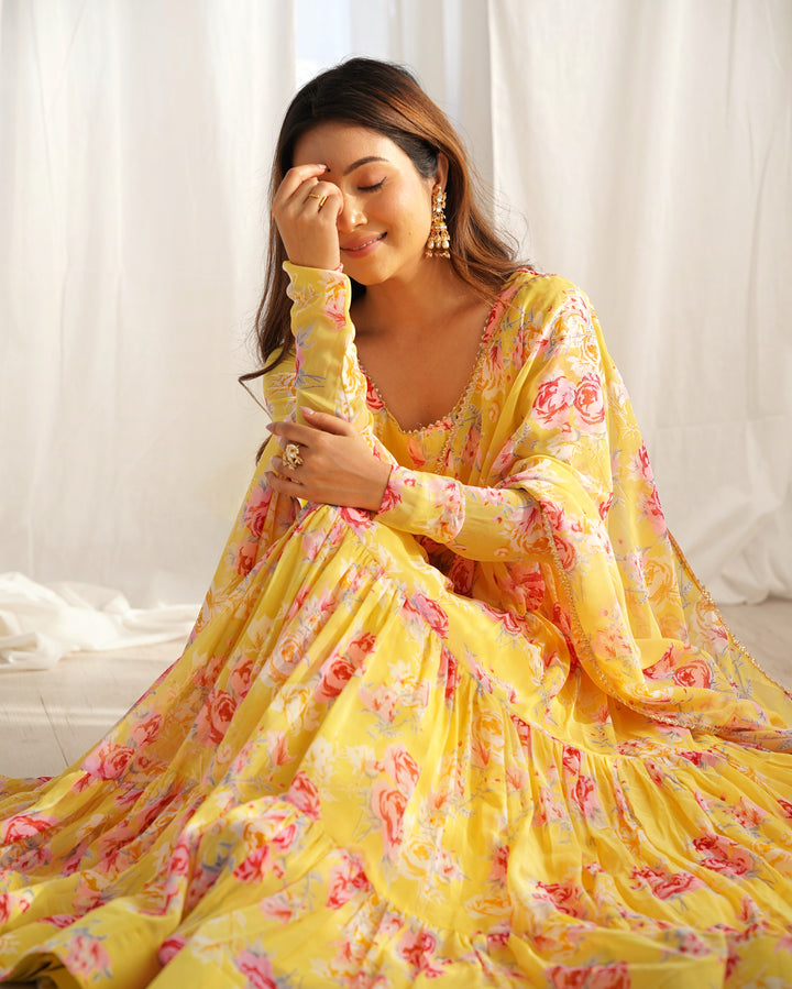 Pure Soft Fox Georgette Floral Print Anarkali with Dupatta & Pants