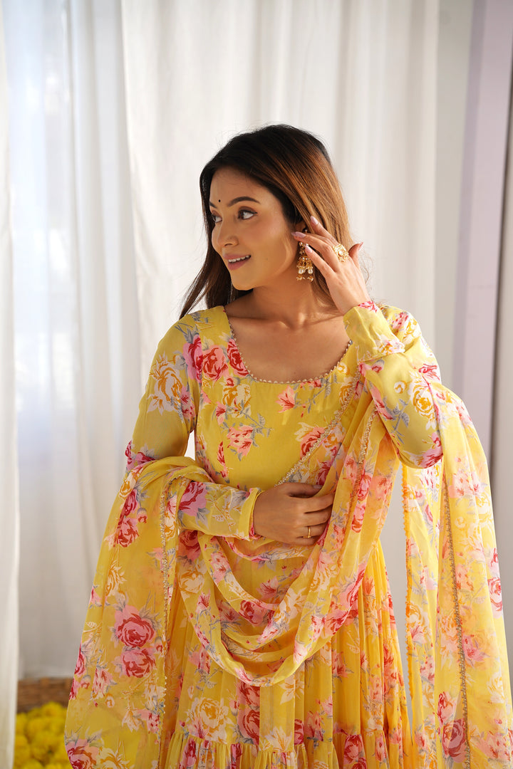 Pure Soft Fox Georgette Floral Print Anarkali with Dupatta & Pants