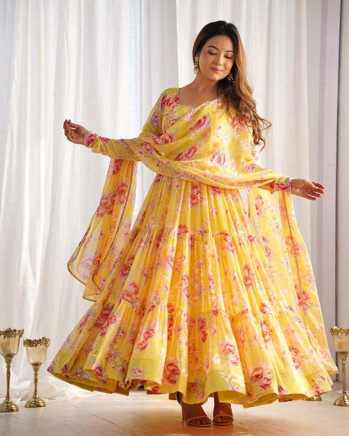 Pure Soft Fox Georgette Floral Print Anarkali with Dupatta & Pants