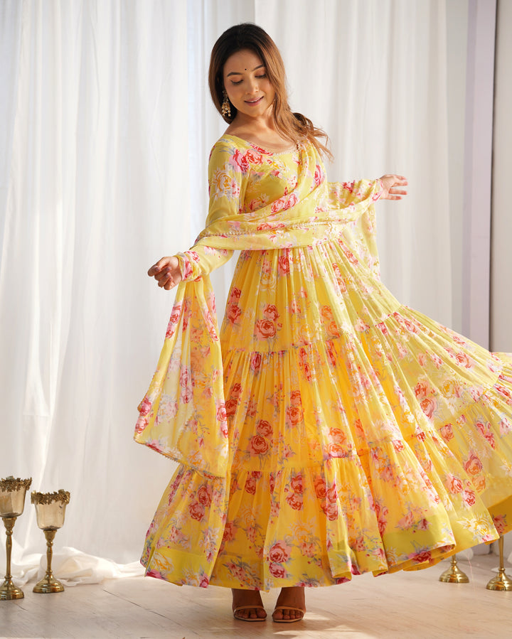 Pure Soft Fox Georgette Floral Print Anarkali with Dupatta & Pants