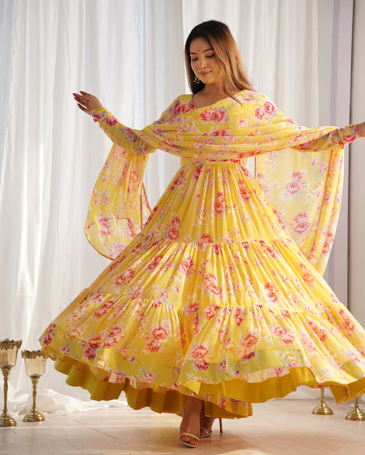Pure Soft Fox Georgette Floral Print Anarkali with Dupatta & Pants