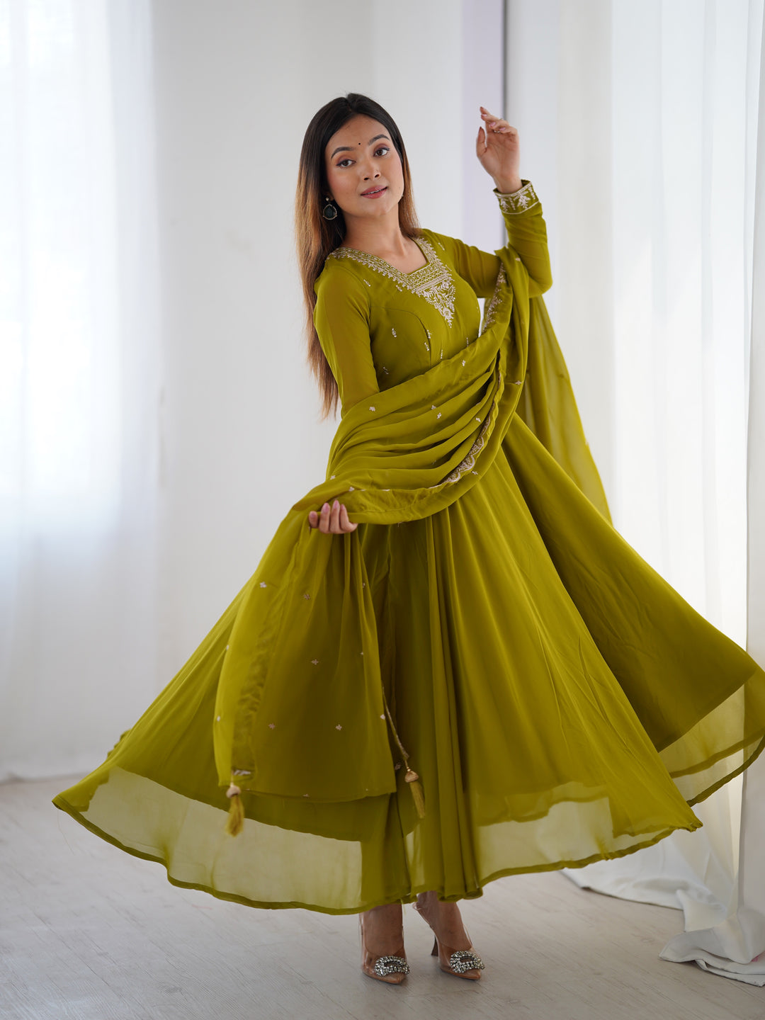 PURE SOFT FOX GEORGETTE FABRIC FULLY FLAIR ANARKALI, WITH DUPATTA SET, PENT READY TO WEAR