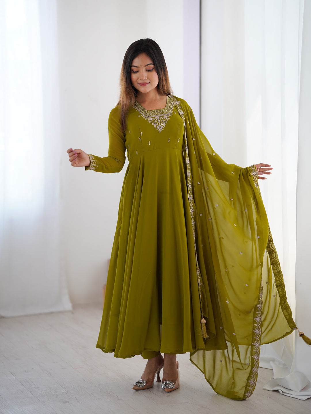 PURE SOFT FOX GEORGETTE FABRIC FULLY FLAIR ANARKALI, WITH DUPATTA SET, PENT READY TO WEAR