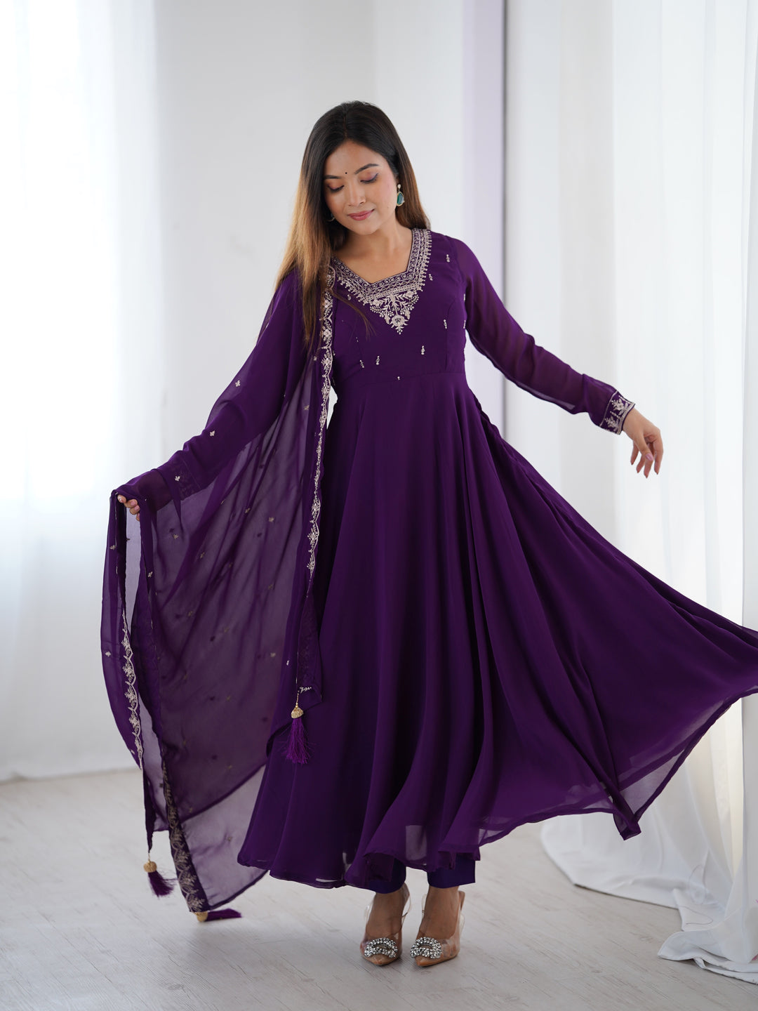 PURE SOFT FOX GEORGETTE FABRIC FULLY FLAIR ANARKALI, WITH DUPATTA SET, PENT READY TO WEAR