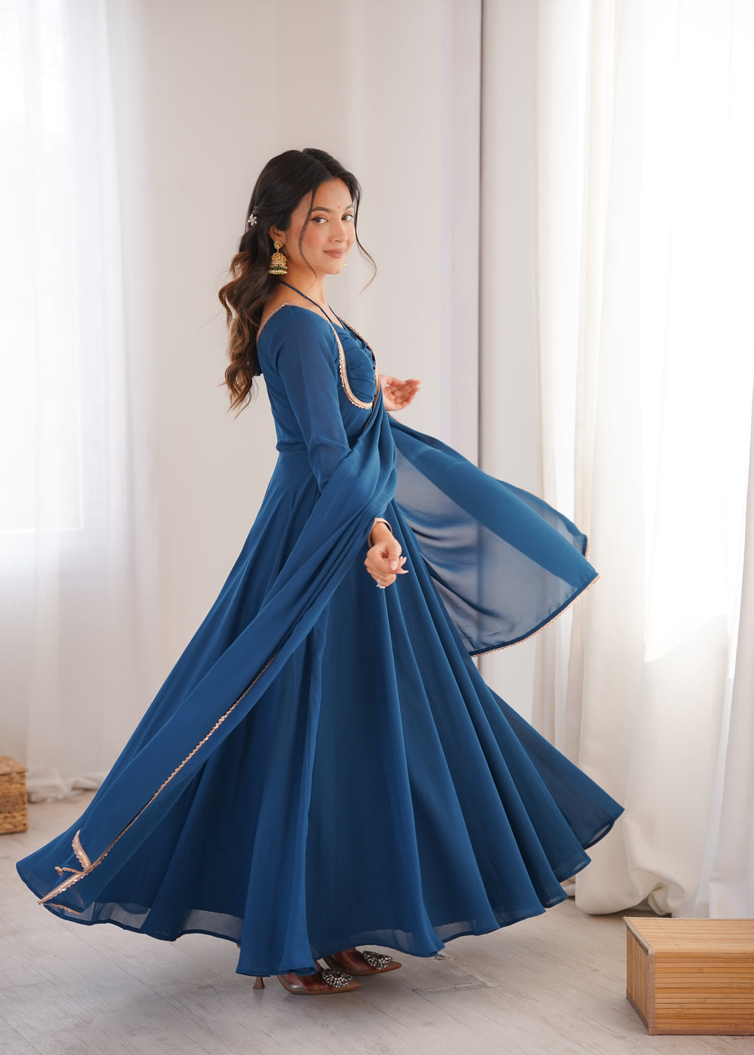 Fancy Yoke Pattern Premium Quality Tealblue,Red And Yellow Anarkali Suit Set