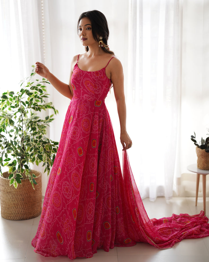 DESIGNER PURE SOFT LIGHTWEIGHT CHIFFON BANDHEJ FULLY FLARE GOWN, DUPATTA, PENT SET READY TO WEAR FULLY STTICHED