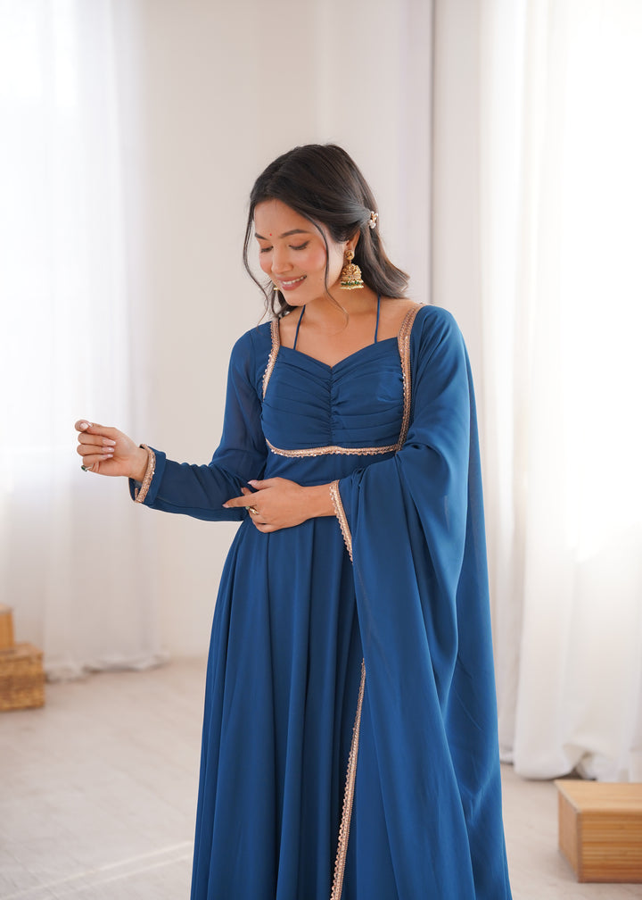 Fancy Yoke Pattern Premium Quality Tealblue,Red And Yellow Anarkali Suit Set