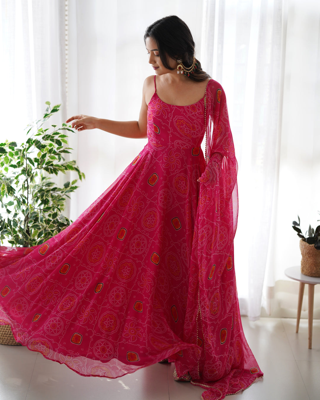 DESIGNER PURE SOFT LIGHTWEIGHT CHIFFON BANDHEJ FULLY FLARE GOWN, DUPATTA, PENT SET READY TO WEAR FULLY STTICHED