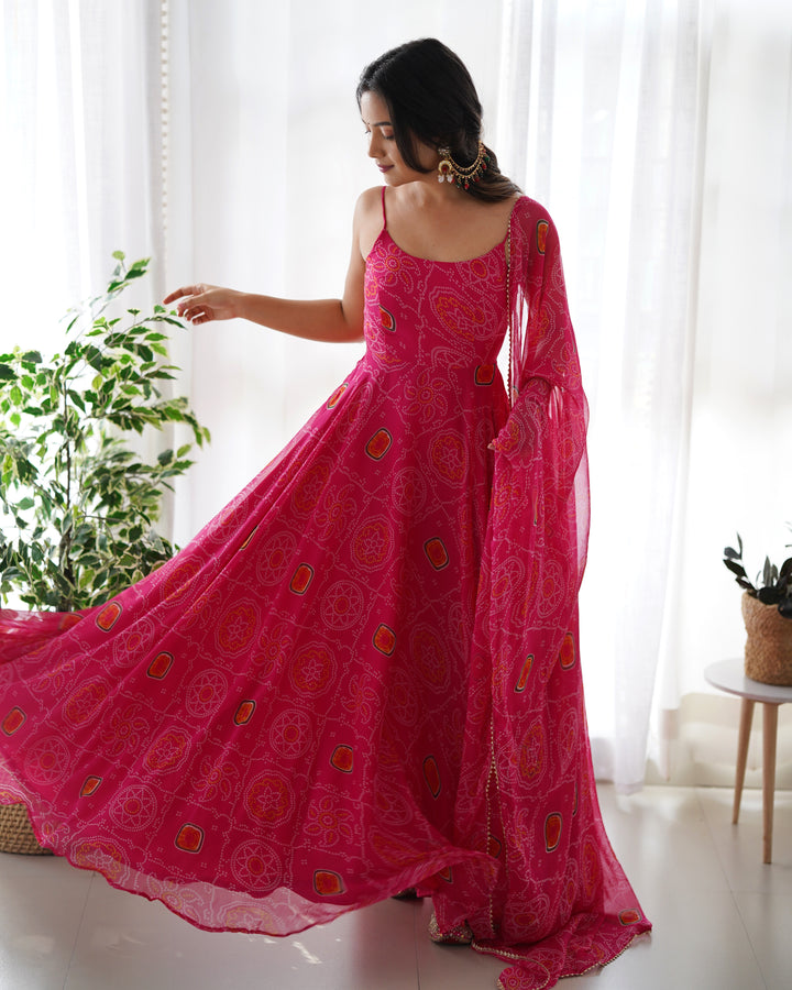 DESIGNER PURE SOFT LIGHTWEIGHT CHIFFON BANDHEJ FULLY FLARE GOWN, DUPATTA, PENT SET READY TO WEAR FULLY STTICHED