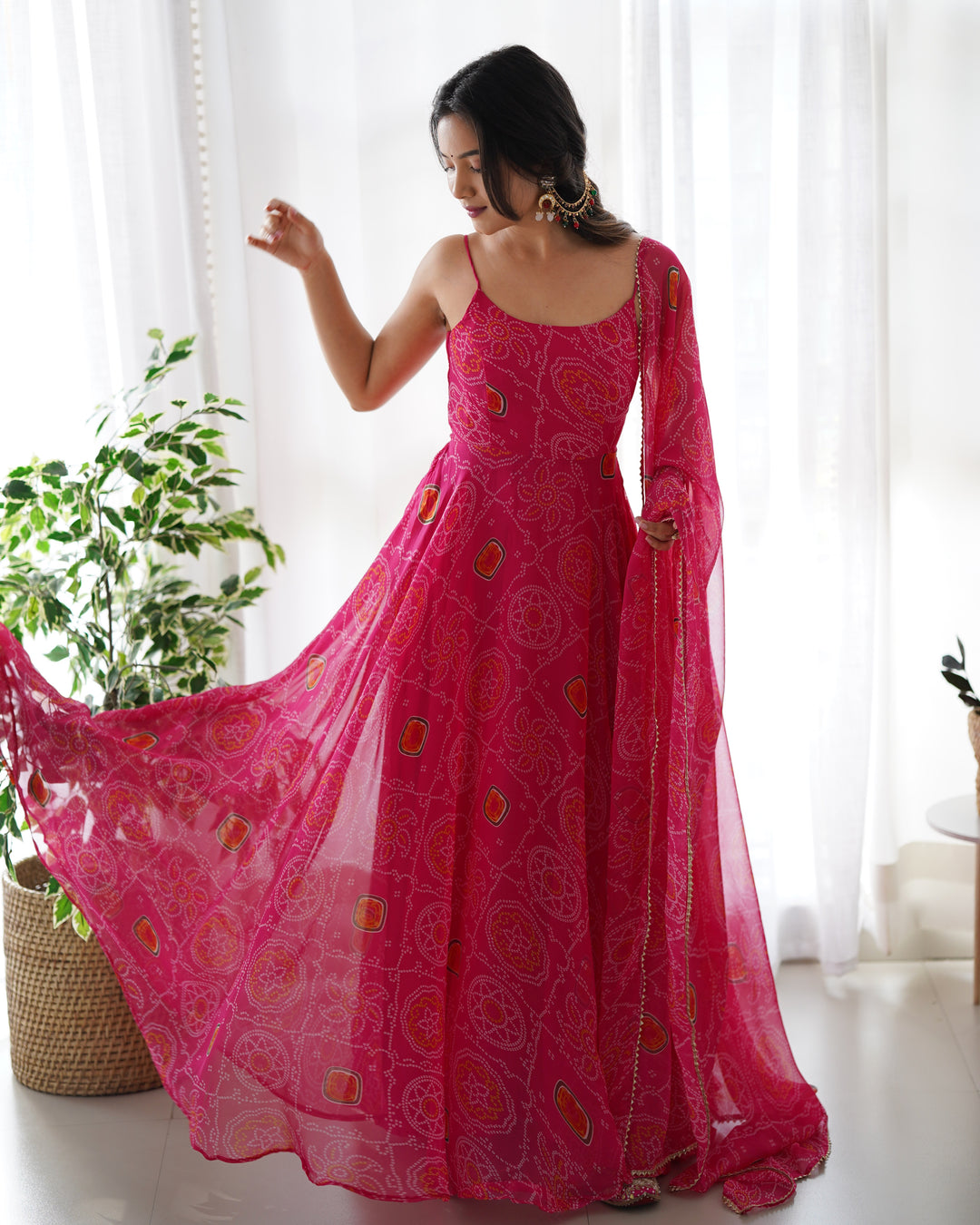 DESIGNER PURE SOFT LIGHTWEIGHT CHIFFON BANDHEJ FULLY FLARE GOWN, DUPATTA, PENT SET READY TO WEAR FULLY STTICHED