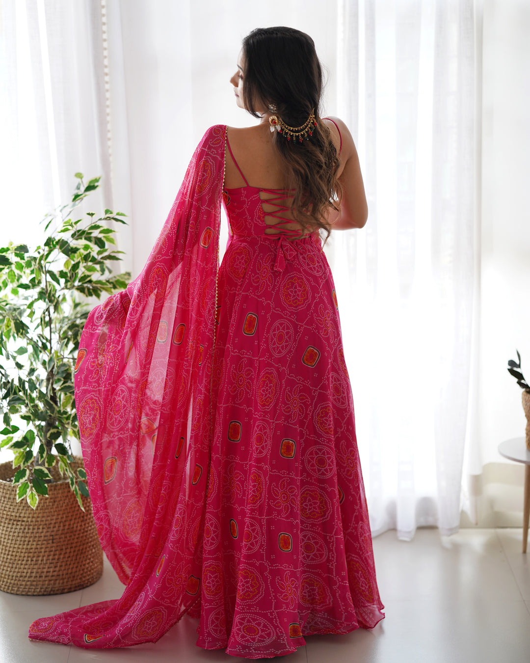 DESIGNER PURE SOFT LIGHTWEIGHT CHIFFON BANDHEJ FULLY FLARE GOWN, DUPATTA, PENT SET READY TO WEAR FULLY STTICHED