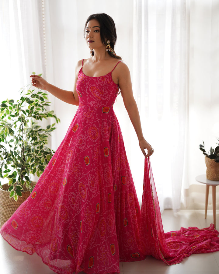 DESIGNER PURE SOFT LIGHTWEIGHT CHIFFON BANDHEJ FULLY FLARE GOWN, DUPATTA, PENT SET READY TO WEAR FULLY STTICHED