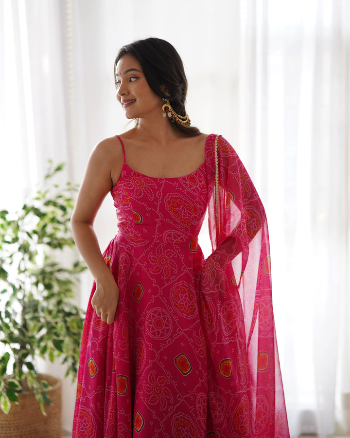 DESIGNER PURE SOFT LIGHTWEIGHT CHIFFON BANDHEJ FULLY FLARE GOWN, DUPATTA, PENT SET READY TO WEAR FULLY STTICHED