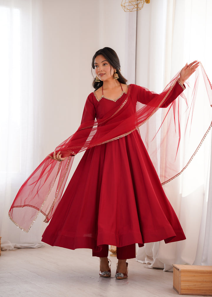 Fancy Yoke Pattern Premium Maroon Anarkali Suit Set
