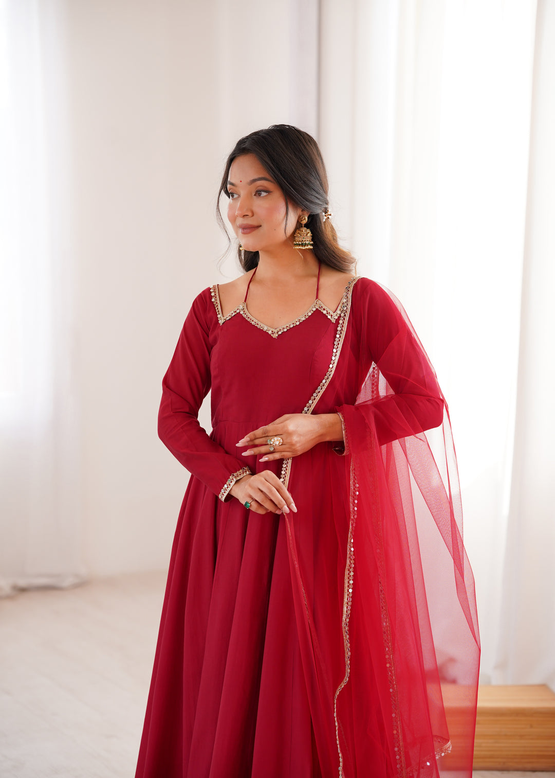 Fancy Yoke Pattern Premium Maroon Anarkali Suit Set