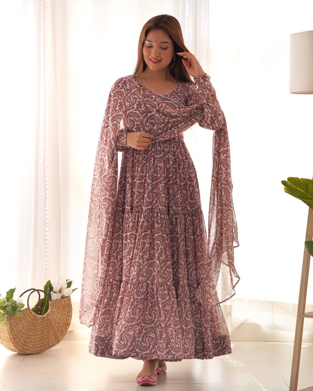 PURE SOFT FOX GEORGETTE PRINT FABRIC FULLY FLAIR ANARKALI, WITH DUPATTA SET, PENT READY TO WEAR