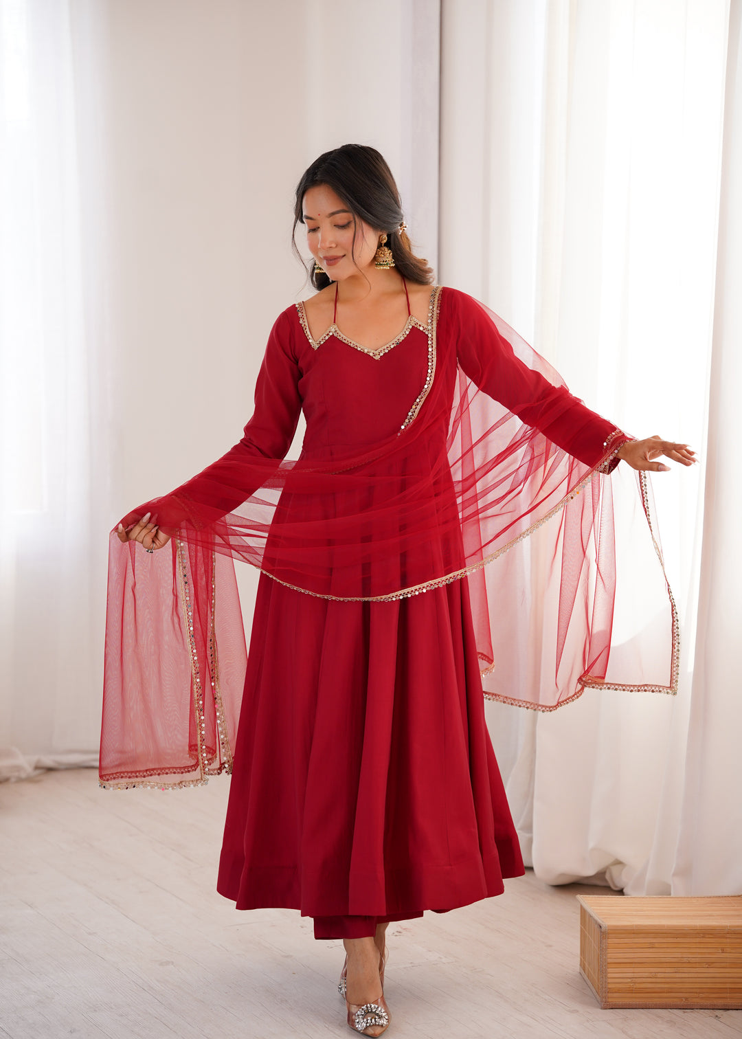 Fancy Yoke Pattern Premium Maroon Anarkali Suit Set