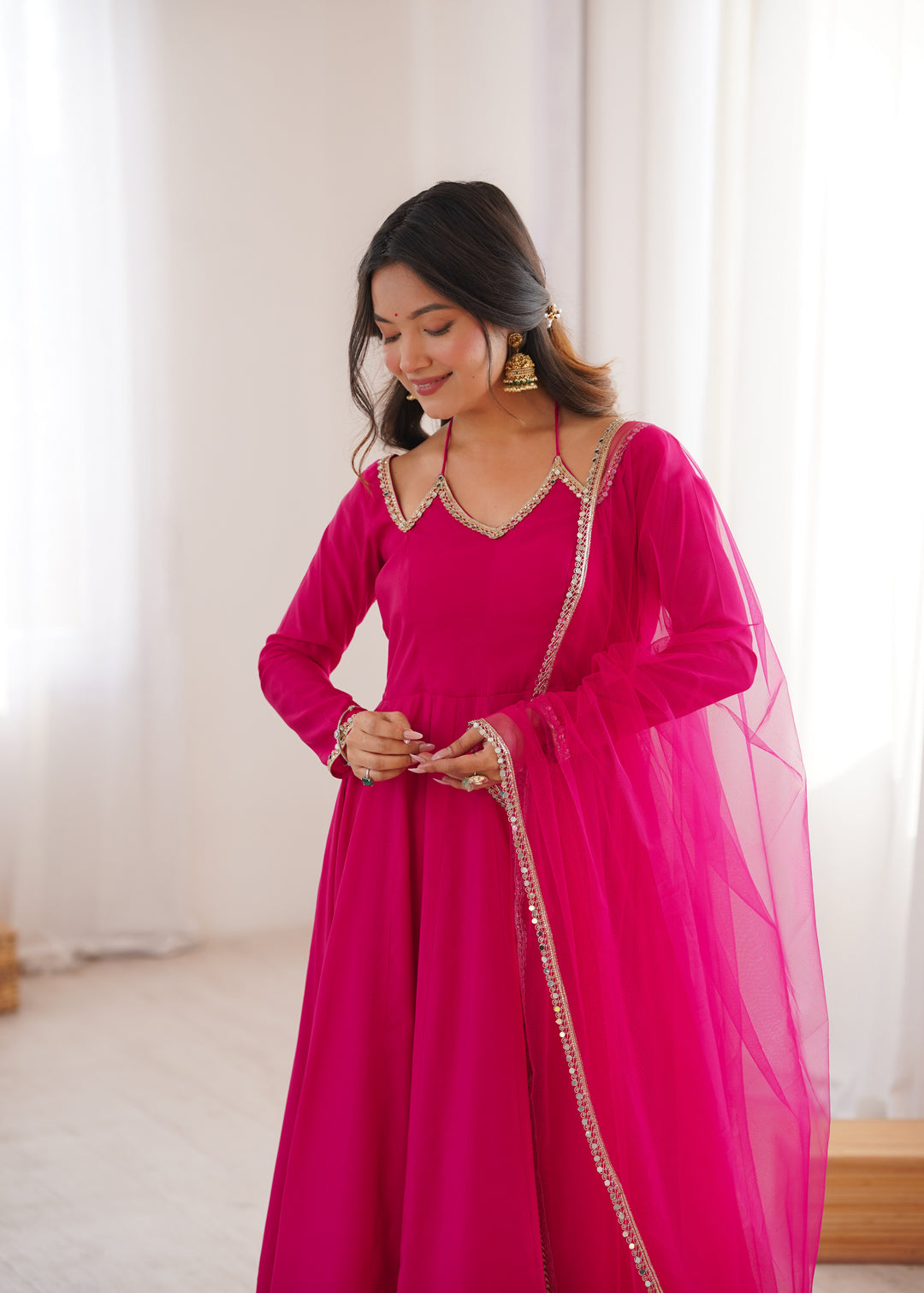 Fancy Yoke Pattern Premium Pink Anarkali Suit Set