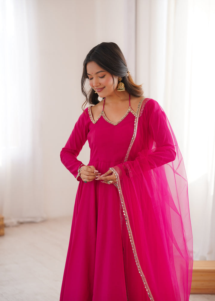 Fancy Yoke Pattern Premium Pink Anarkali Suit Set