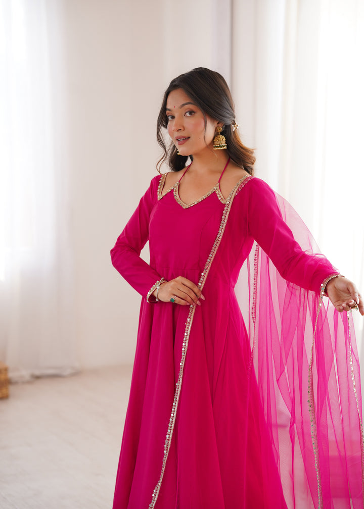 Fancy Yoke Pattern Premium Pink Anarkali Suit Set