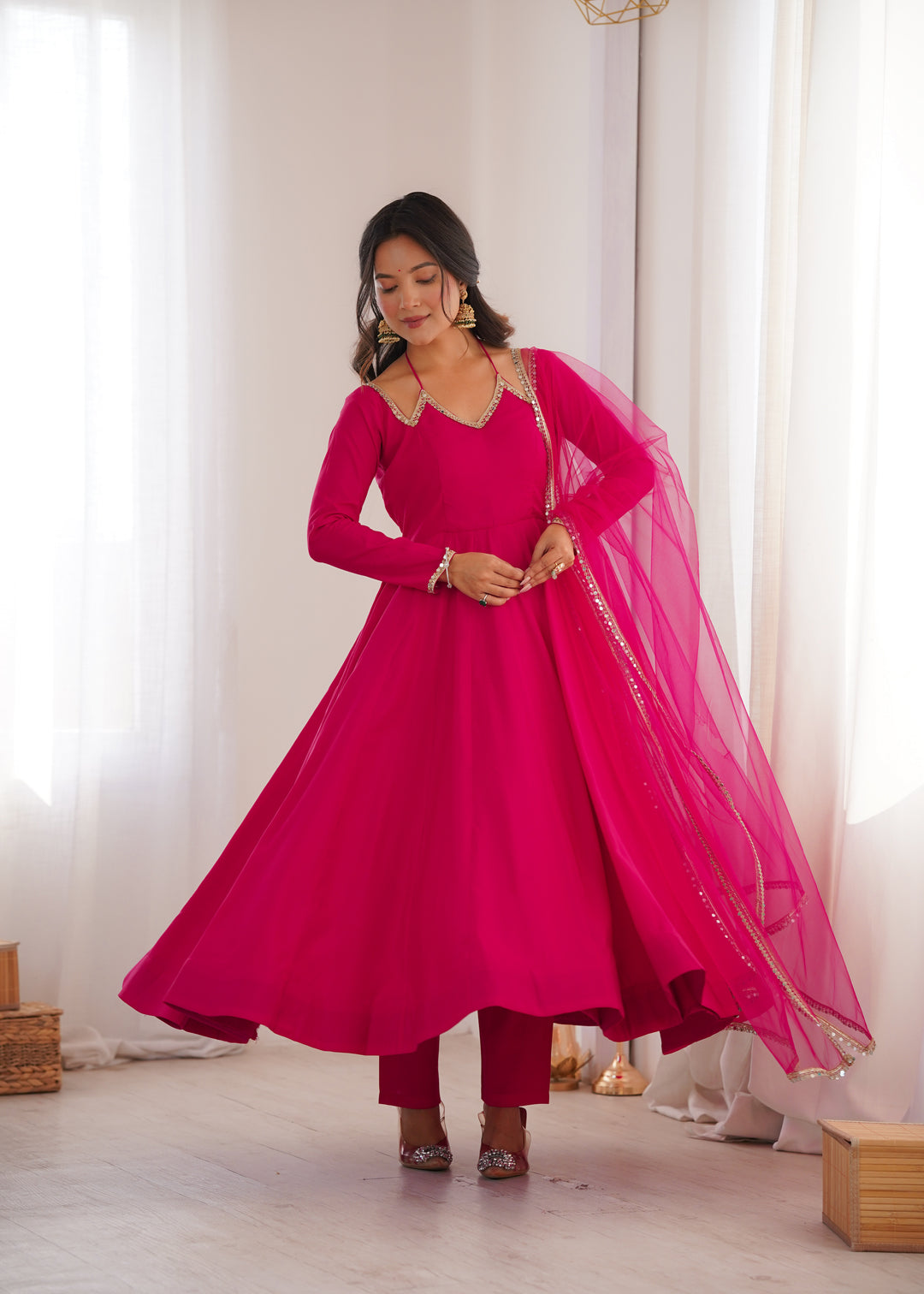 Fancy Yoke Pattern Premium Pink Anarkali Suit Set