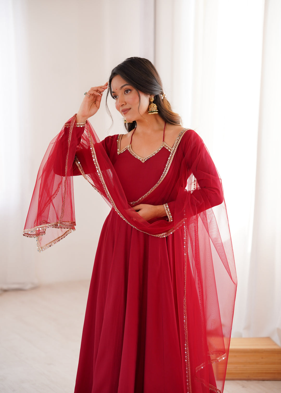 Fancy Yoke Pattern Premium Maroon Anarkali Suit Set