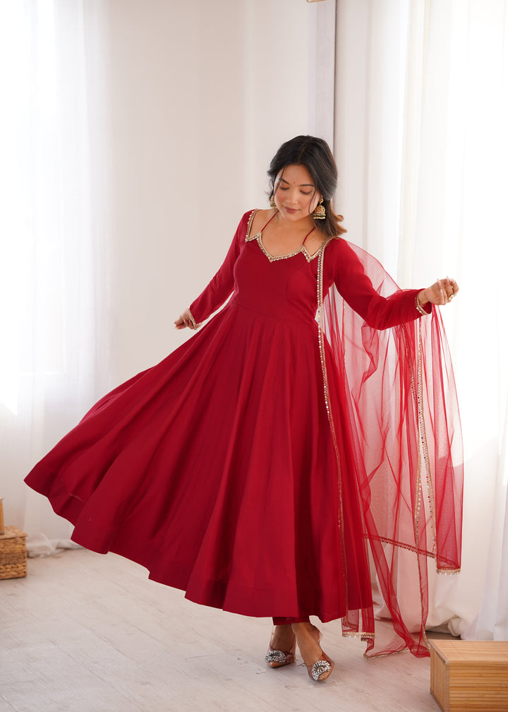 Fancy Yoke Pattern Premium Maroon Anarkali Suit Set