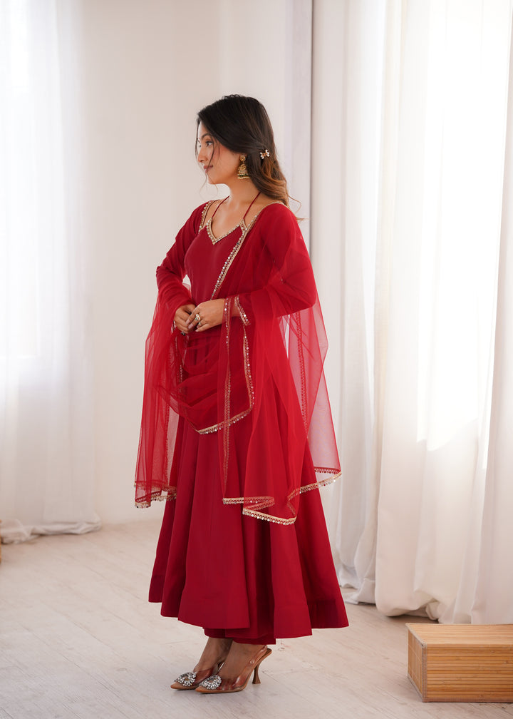 Fancy Yoke Pattern Premium Maroon Anarkali Suit Set