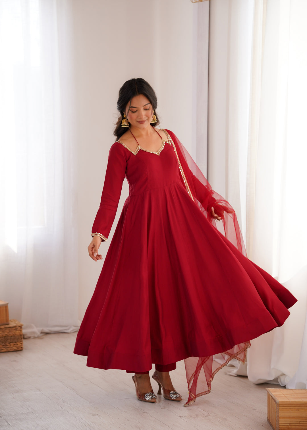 Fancy Yoke Pattern Premium Maroon Anarkali Suit Set