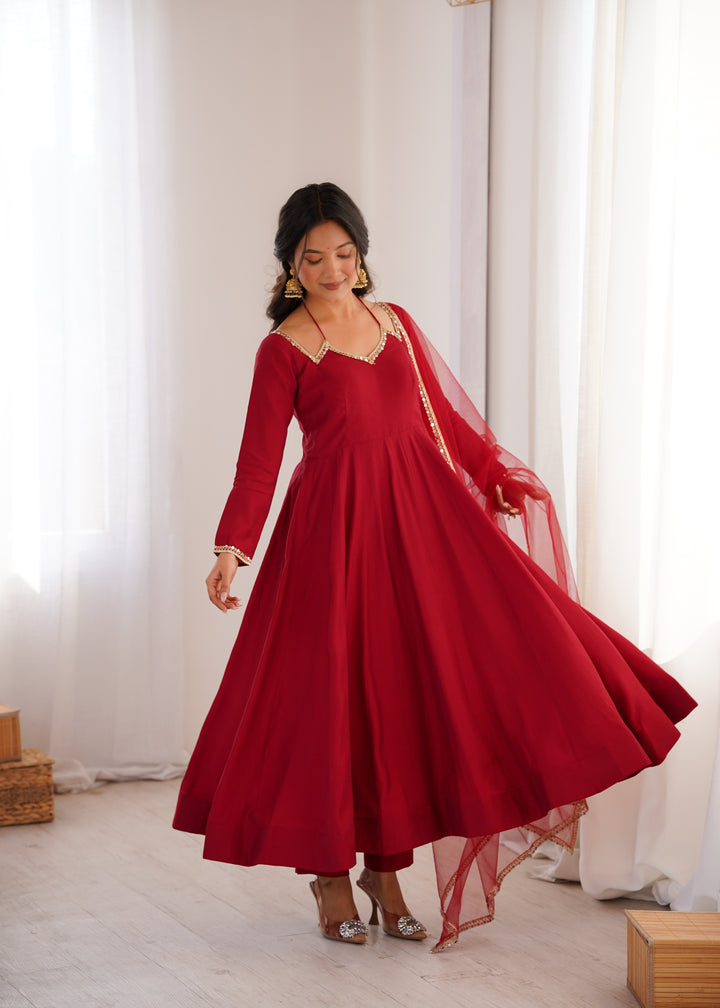 Fancy Yoke Pattern Premium Maroon Anarkali Suit Set