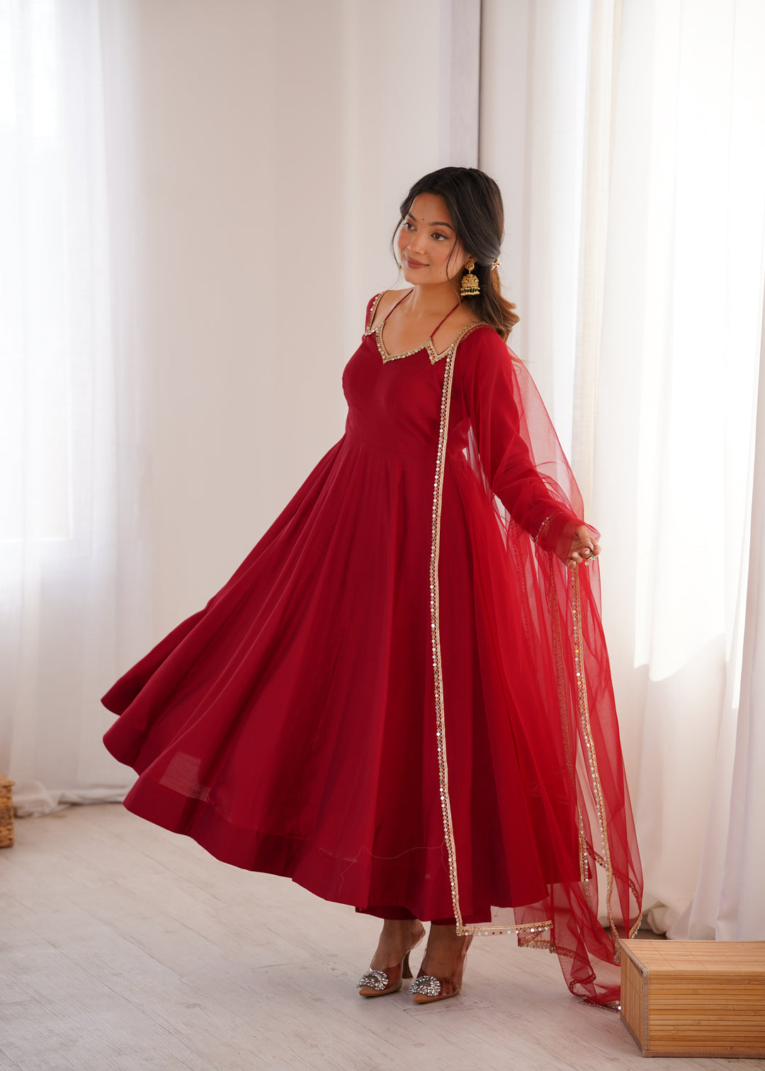 Fancy Yoke Pattern Premium Maroon Anarkali Suit Set