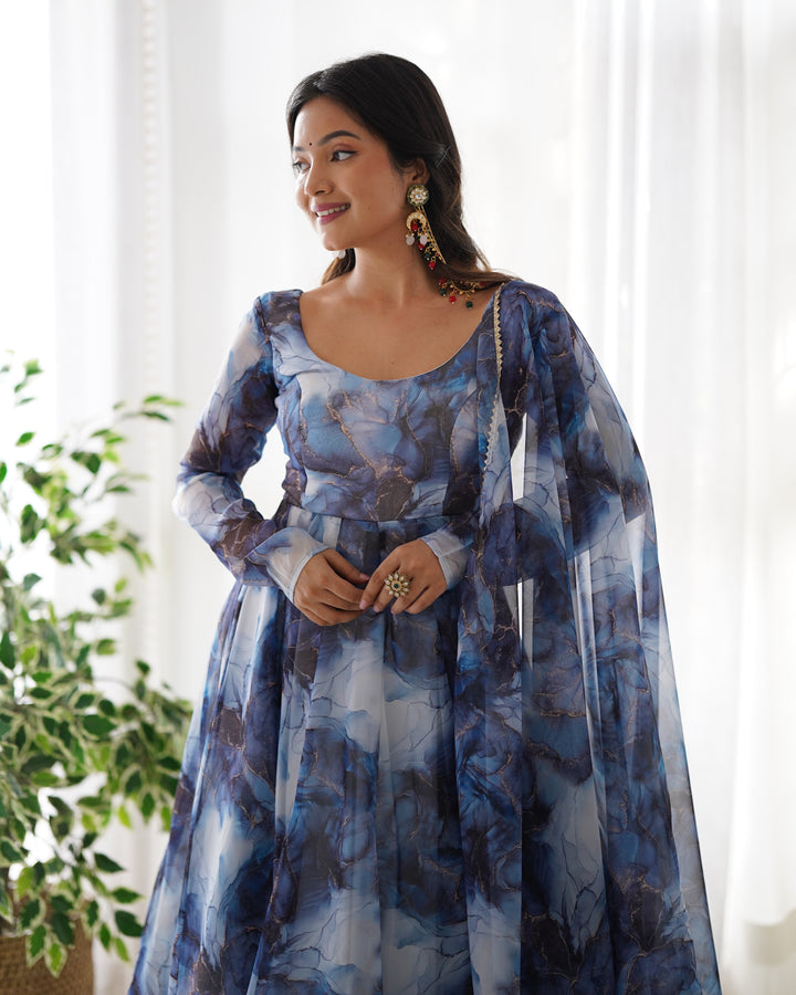 PURE SOFT ORGANJA SILK MARBLE PRINT FABRIC FULLY FLAIR KALI PATTERN AND CANVAS PATTA WITH DUPPTA SET,PENT READY TO WEAR