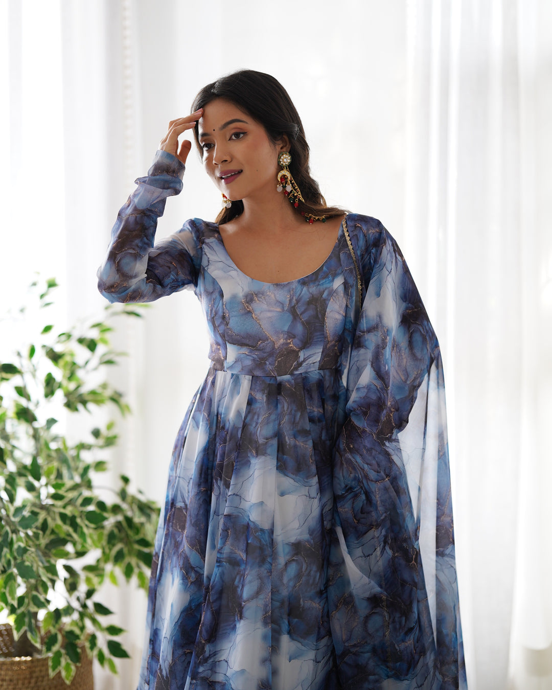 PURE SOFT ORGANJA SILK MARBLE PRINT FABRIC FULLY FLAIR KALI PATTERN AND CANVAS PATTA WITH DUPPTA SET,PENT READY TO WEAR