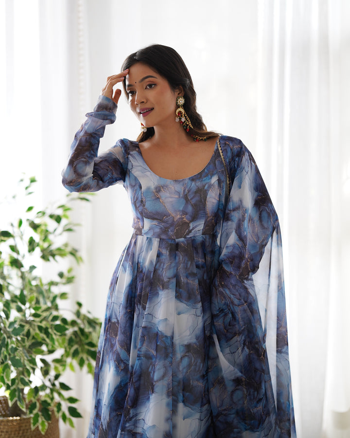 PURE SOFT ORGANJA SILK MARBLE PRINT FABRIC FULLY FLAIR KALI PATTERN AND CANVAS PATTA WITH DUPPTA SET,PENT READY TO WEAR
