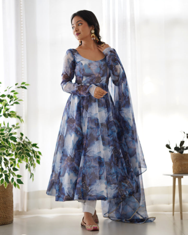 PURE SOFT ORGANJA SILK MARBLE PRINT FABRIC FULLY FLAIR KALI PATTERN AND CANVAS PATTA WITH DUPPTA SET,PENT READY TO WEAR