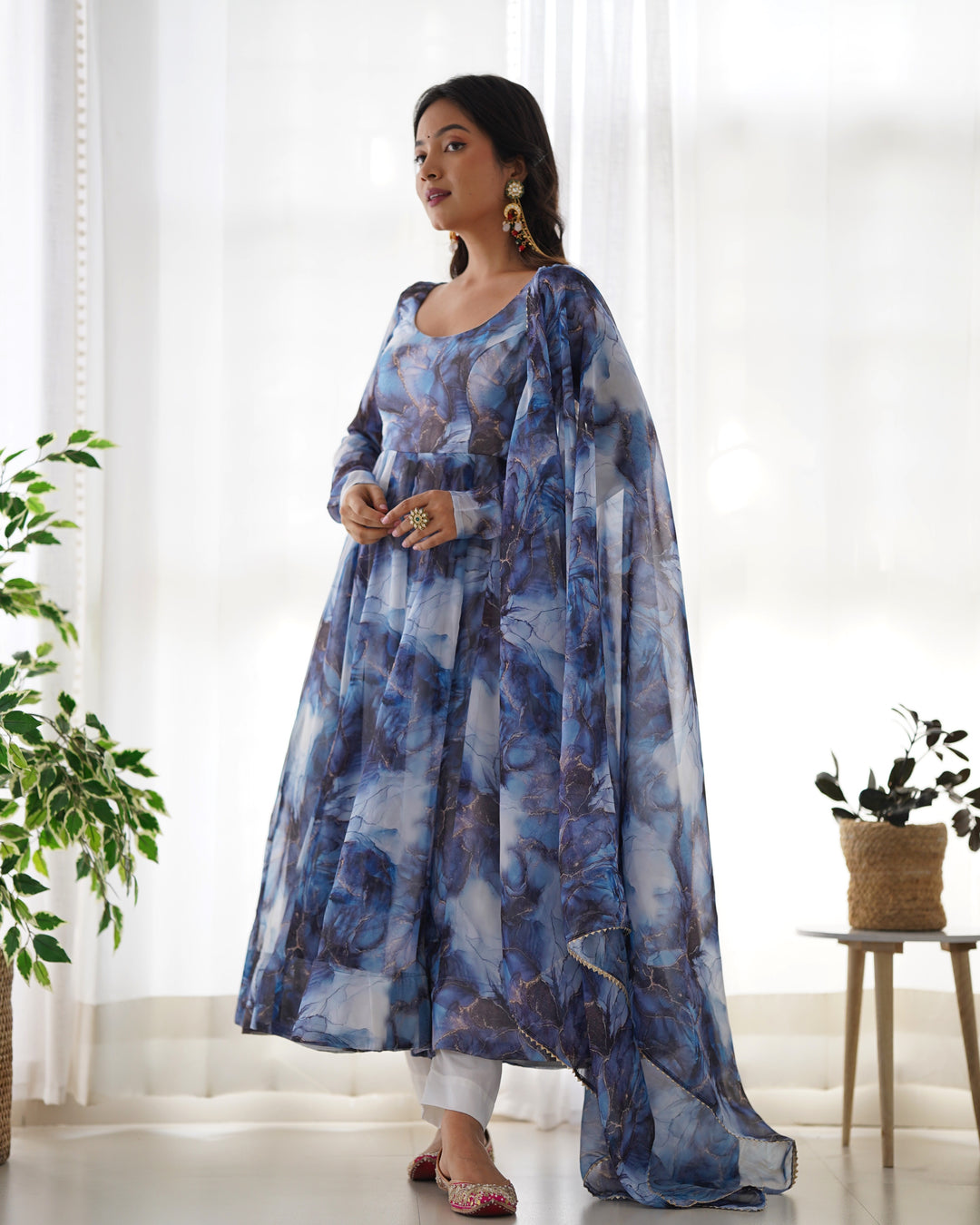 PURE SOFT ORGANJA SILK MARBLE PRINT FABRIC FULLY FLAIR KALI PATTERN AND CANVAS PATTA WITH DUPPTA SET,PENT READY TO WEAR