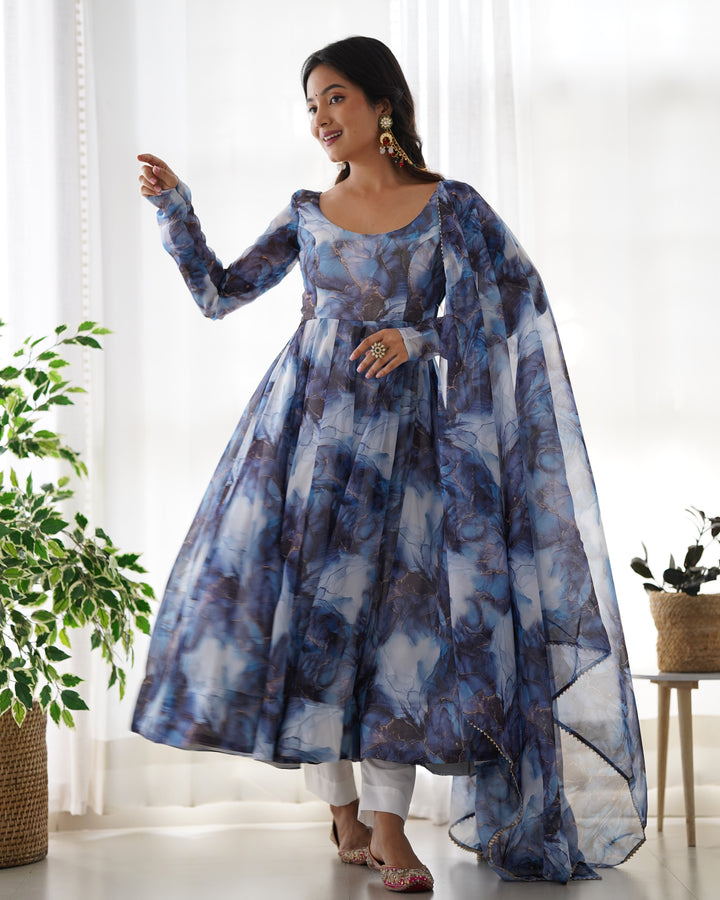 PURE SOFT ORGANJA SILK MARBLE PRINT FABRIC FULLY FLAIR KALI PATTERN AND CANVAS PATTA WITH DUPPTA SET,PENT READY TO WEAR
