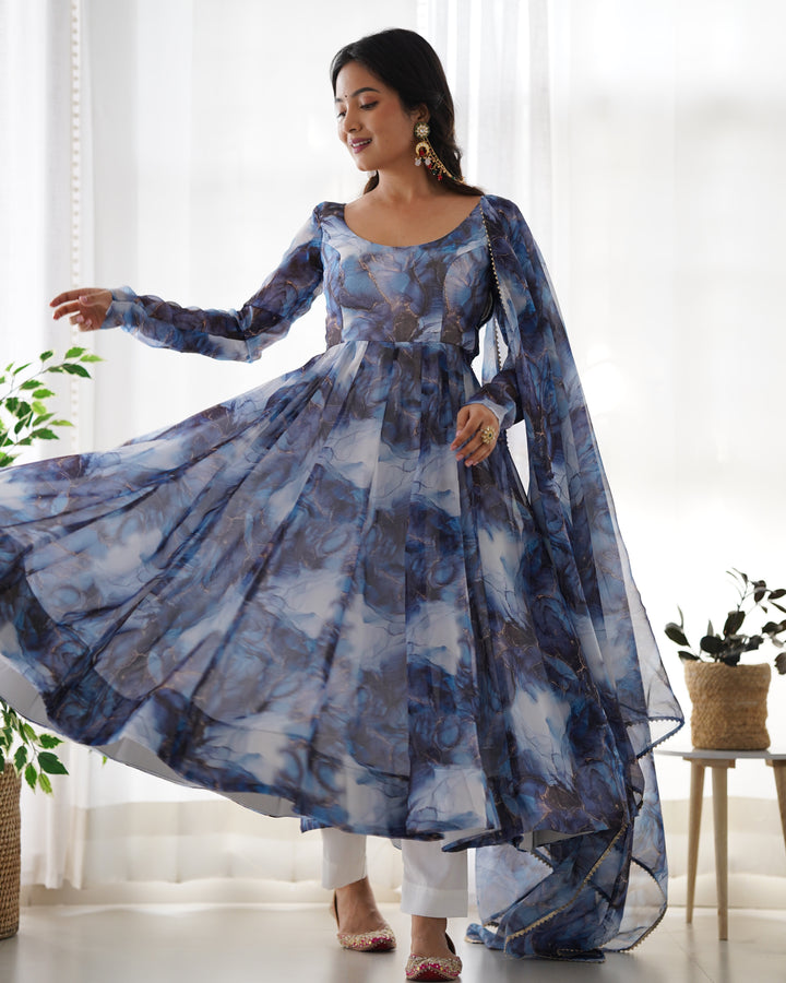 PURE SOFT ORGANJA SILK MARBLE PRINT FABRIC FULLY FLAIR KALI PATTERN AND CANVAS PATTA WITH DUPPTA SET,PENT READY TO WEAR