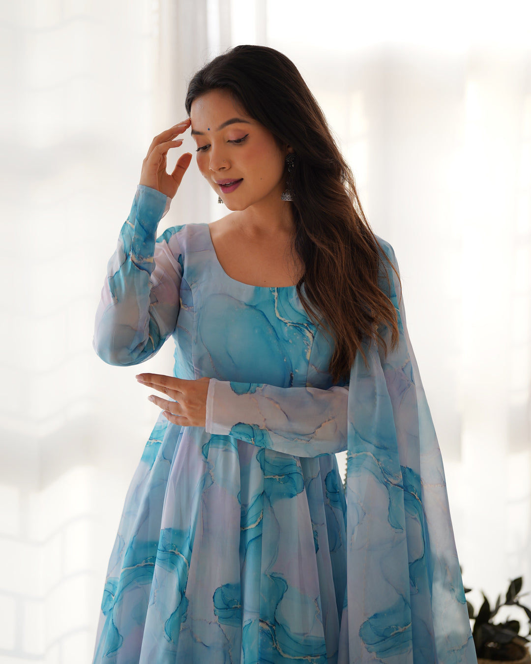 PURE SOFT ORGANJA SILK MARBLE PRINT FABRIC FULLY FLAIR KALI PATTERN AND CANVAS PATTA WITH DUPPTA SET,PENT READY TO WEAR