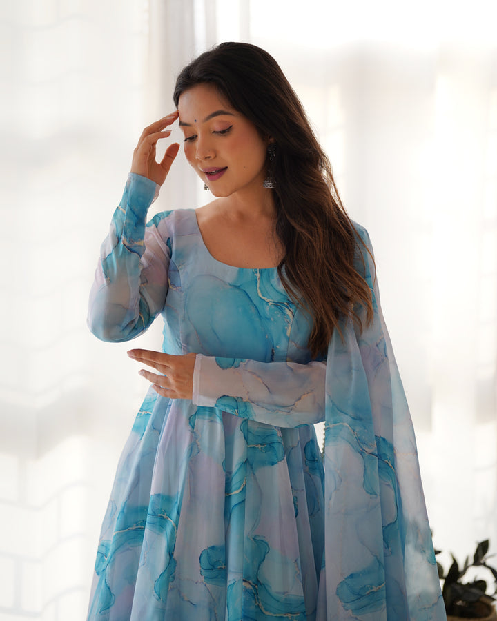 PURE SOFT ORGANJA SILK MARBLE PRINT FABRIC FULLY FLAIR KALI PATTERN AND CANVAS PATTA WITH DUPPTA SET,PENT READY TO WEAR