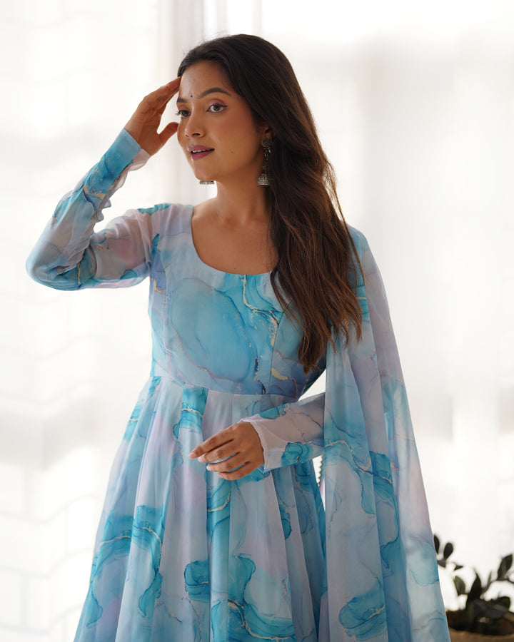 PURE SOFT ORGANJA SILK MARBLE PRINT FABRIC FULLY FLAIR KALI PATTERN AND CANVAS PATTA WITH DUPPTA SET,PENT READY TO WEAR