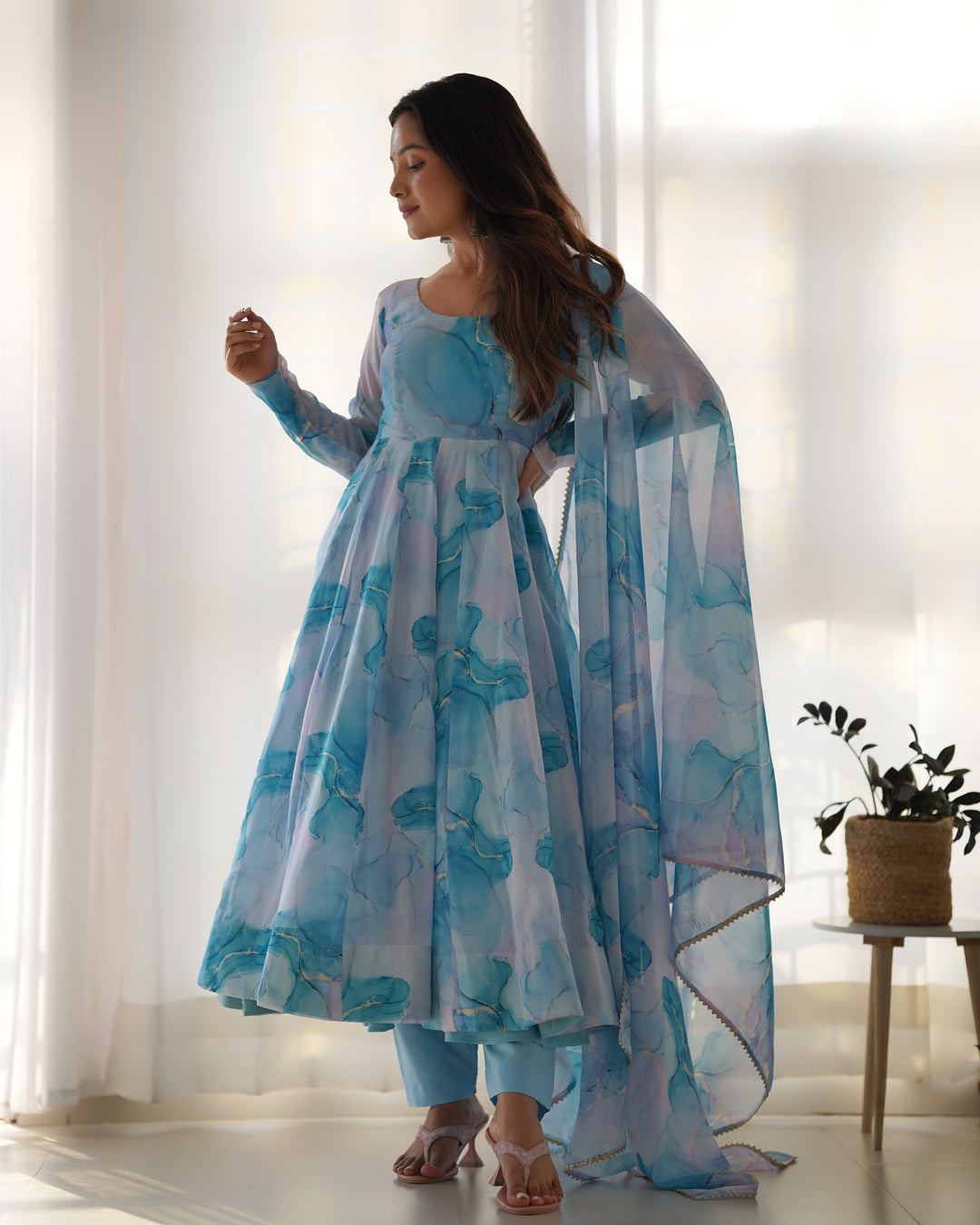 PURE SOFT ORGANJA SILK MARBLE PRINT FABRIC FULLY FLAIR KALI PATTERN AND CANVAS PATTA WITH DUPPTA SET,PENT READY TO WEAR