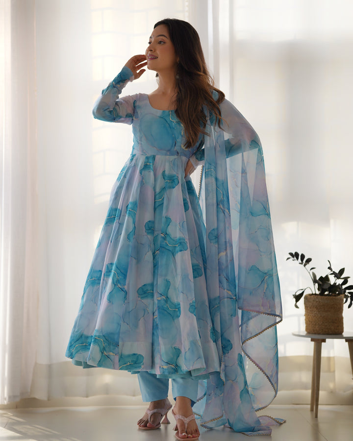 PURE SOFT ORGANJA SILK MARBLE PRINT FABRIC FULLY FLAIR KALI PATTERN AND CANVAS PATTA WITH DUPPTA SET,PENT READY TO WEAR