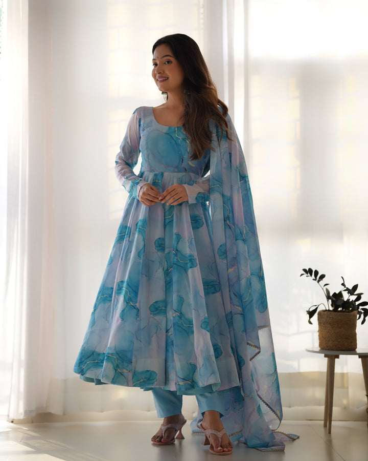 PURE SOFT ORGANJA SILK MARBLE PRINT FABRIC FULLY FLAIR KALI PATTERN AND CANVAS PATTA WITH DUPPTA SET,PENT READY TO WEAR