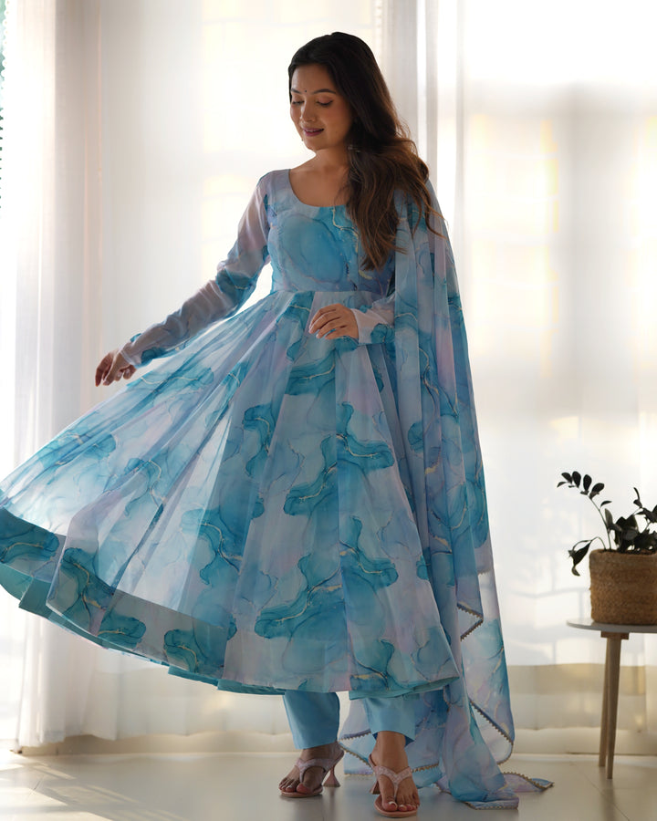 PURE SOFT ORGANJA SILK MARBLE PRINT FABRIC FULLY FLAIR KALI PATTERN AND CANVAS PATTA WITH DUPPTA SET,PENT READY TO WEAR