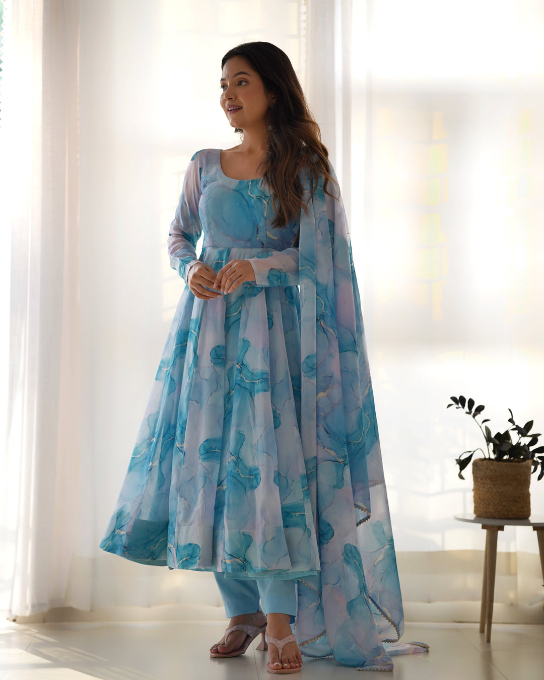 PURE SOFT ORGANJA SILK MARBLE PRINT FABRIC FULLY FLAIR KALI PATTERN AND CANVAS PATTA WITH DUPPTA SET,PENT READY TO WEAR