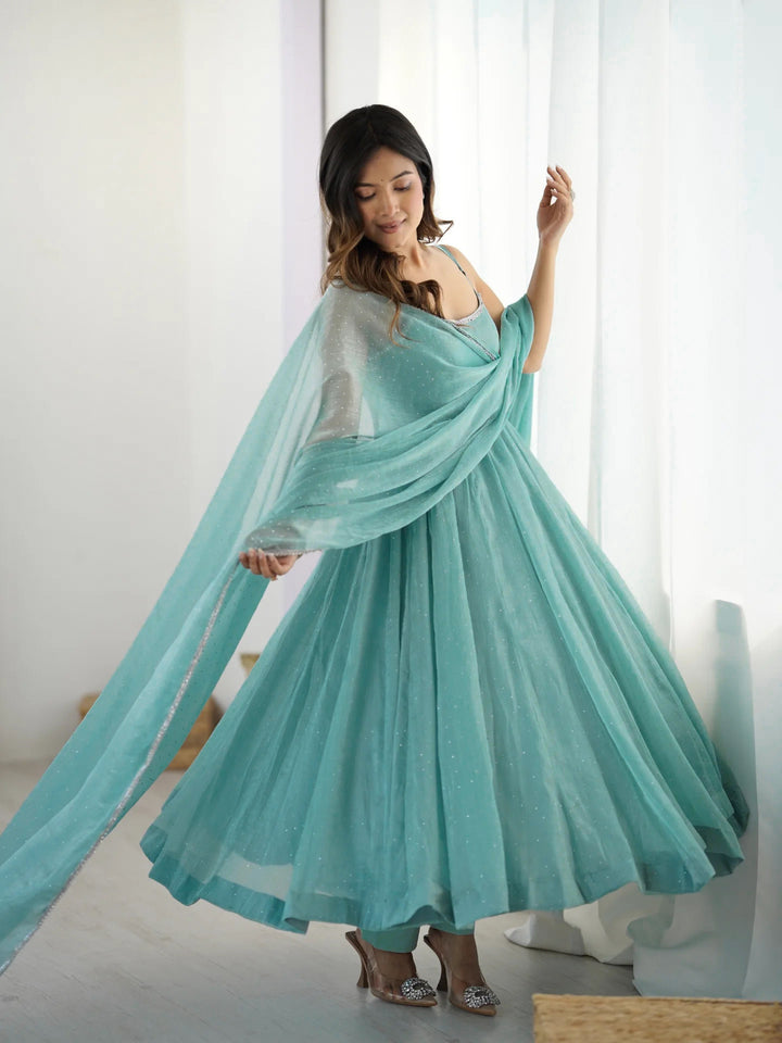 CRUNCHY SILK FABRIC WITH SIROSKI WORK, FULLY FLAIR KALI PATTERN AND CANVAS PATTA WITH DUPPTA SET, PENT READY TO WEAR