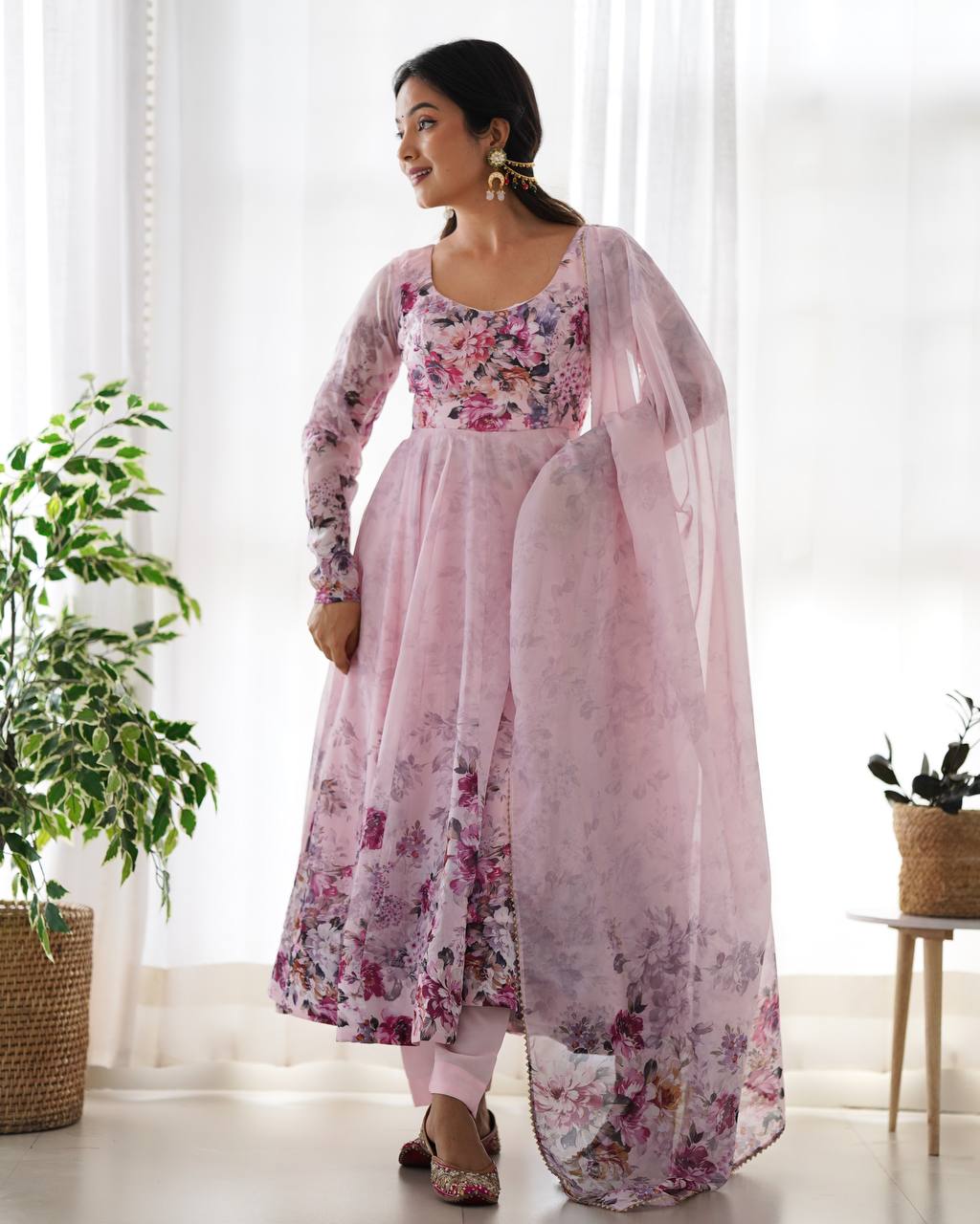 PURE SOFT ORGANJA SILK FABRIC FUALLY FLAIR KALI PATTERN AND CANVAS PATTA WITH DUPATTA SET, PENT READY TO WEAR