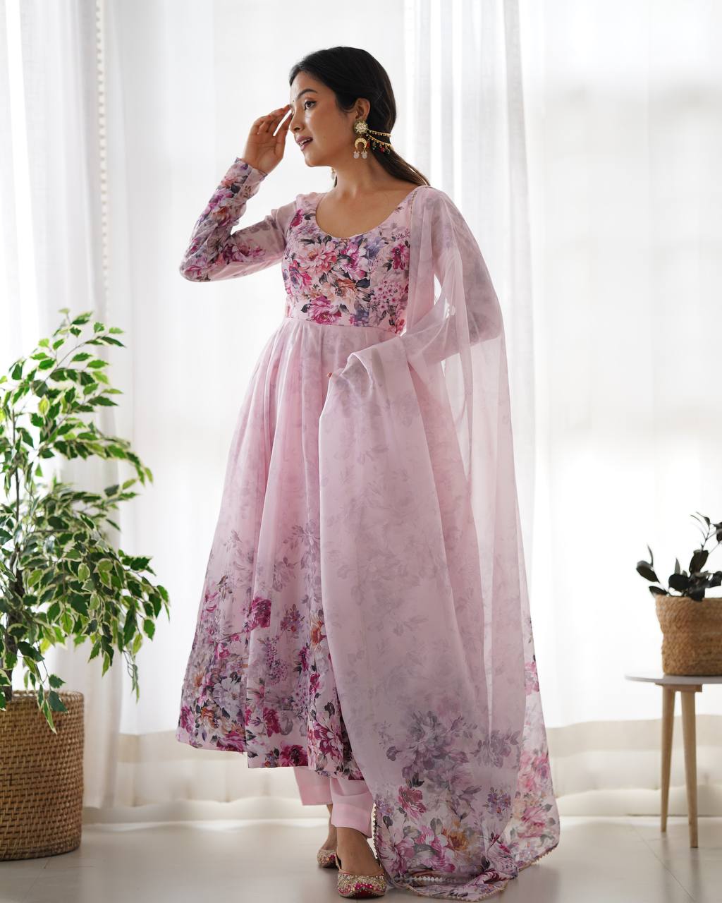 PURE SOFT ORGANJA SILK FABRIC FUALLY FLAIR KALI PATTERN AND CANVAS PATTA WITH DUPATTA SET, PENT READY TO WEAR