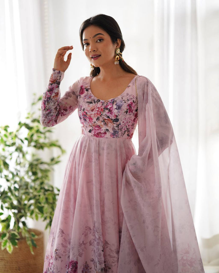 PURE SOFT ORGANJA SILK FABRIC FUALLY FLAIR KALI PATTERN AND CANVAS PATTA WITH DUPATTA SET, PENT READY TO WEAR